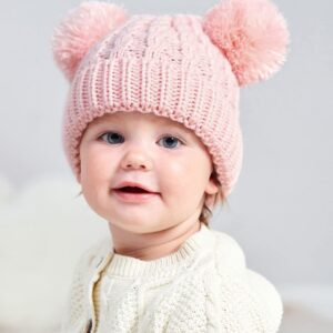 MOK Baby Beanie for Girls Cable Knit Winter Hat with Double Pom Pom Skull Hats