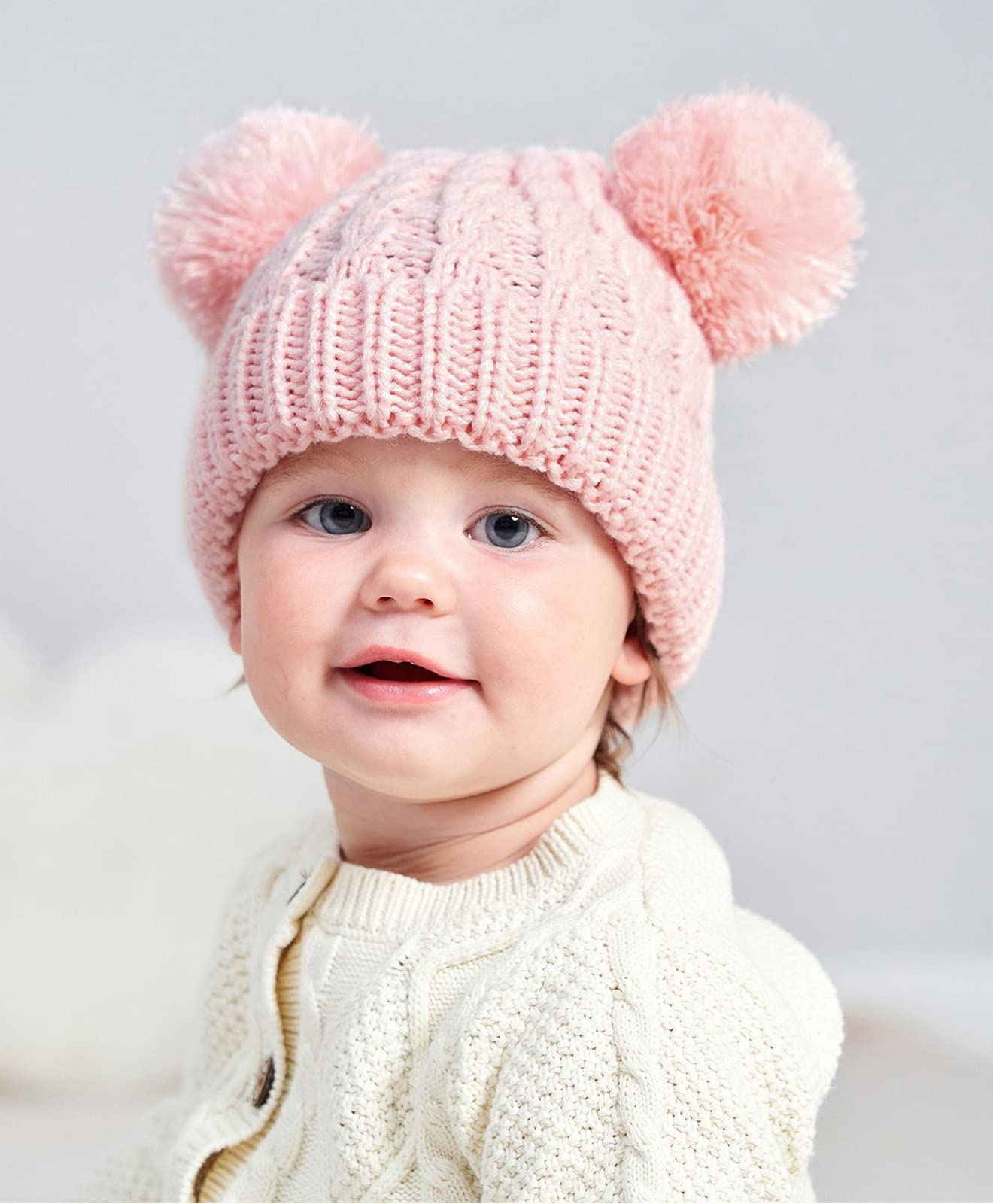 MOK Baby Beanie for Girls Cable Knit Winter Hat with Double Pom Pom Skull Hats