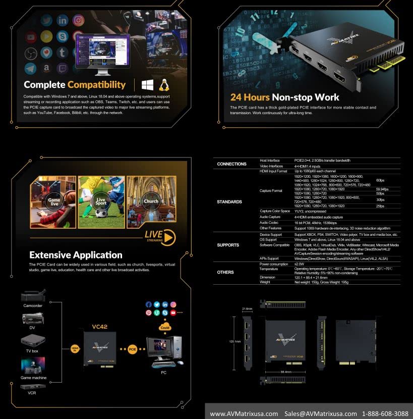 AVMATRIX VC42 4-CH HDMI PCIE Capture Card HDMI 1.4 simultaneous Input and Capture