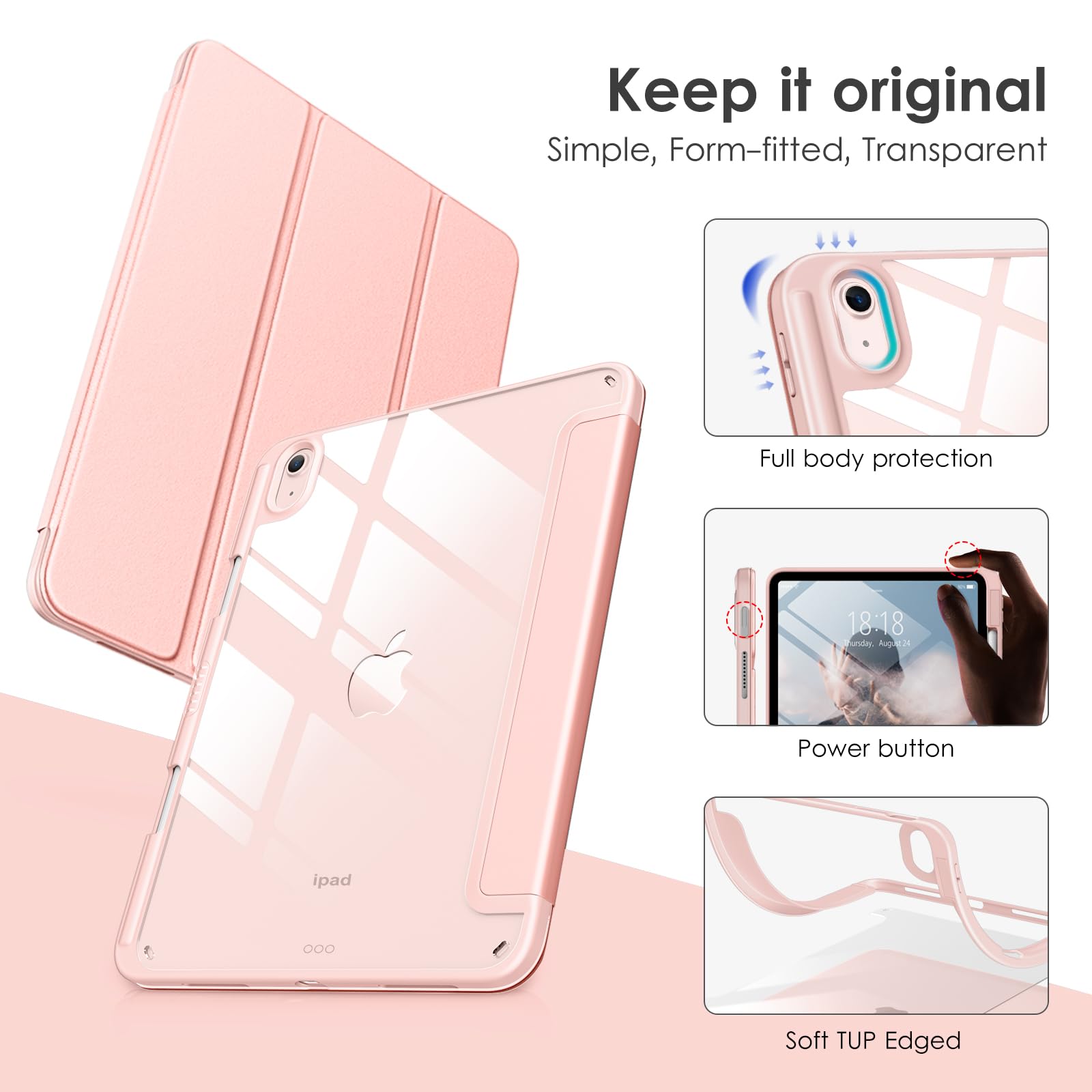 DTTOCASE for iPad 10th Generation Case 2022, 10.9 Inch Case with Clear Transparent Back and TPU Shockproof Frame Cover [Built-in Pencil Holder, Support Auto Sleep/Wake] -Rose Gold