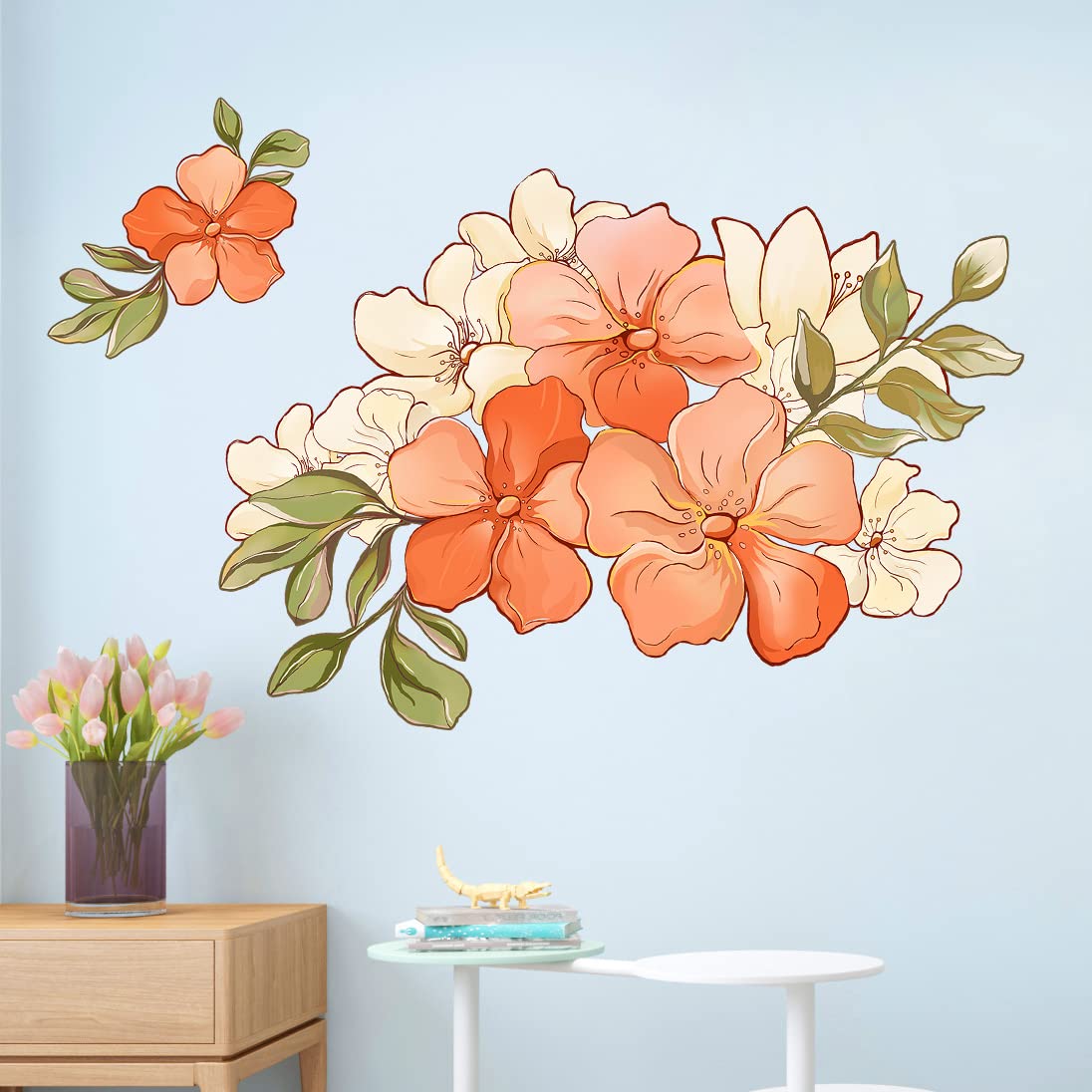 RW-6014 Romantic Orange Flowers Wall Decals Yellow Peony Rose Wall Stickers DIY Removable 3D Green Leaf Floral Blossom Plant Wall Art Decor for Kids Girls Bedroom Living Room Nursery Decoration