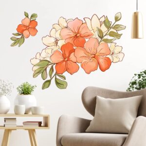 rw-6014 romantic orange flowers wall decals yellow peony rose wall stickers diy removable 3d green leaf floral blossom plant wall art decor for kids girls bedroom living room nursery decoration