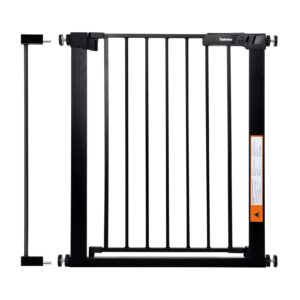 babelio 26-32 inch easy install narrow pressure mounted metal baby gate, no drilling, no tools required, with wall protectors and extenders (black)