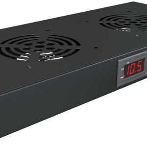 Rack Mount Fan - 2 Fan Server Cooling System - 1U 19" Rackmount Cabinet Panel Adjustable Temperature Control (Digital Heat Monitor Display) Sensor Alarm (Overheat Air Flow Top Exhaust) Tupavco TP1721