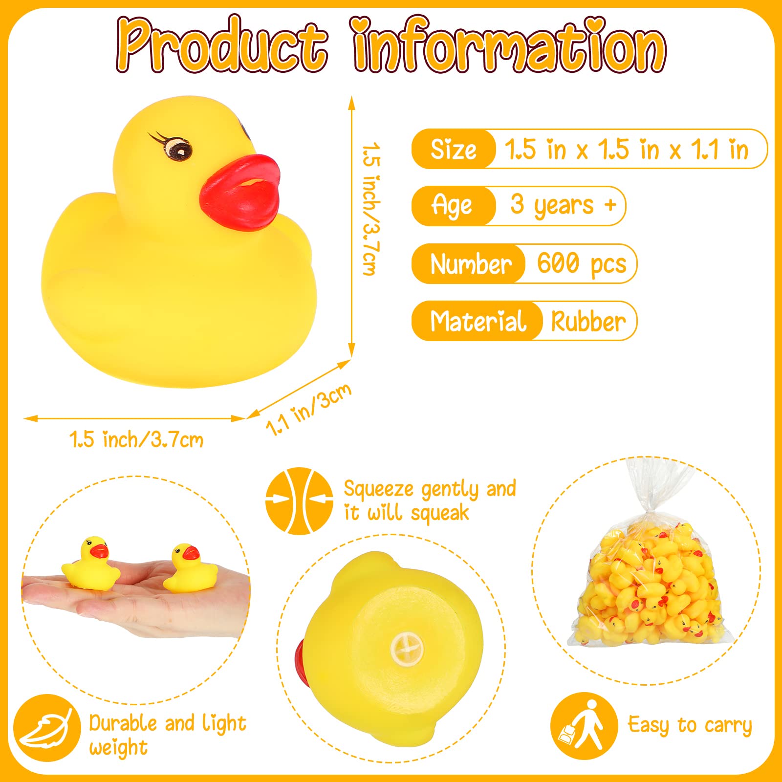 600 Pcs Mini Rubber Ducks in Bulk Bath Toy Squeak Tiny Ducks for Kids Bathtub Shower Birthday Favors Party Decoration Gift, 1.57 x 1.57 x 1.18 Inches (Yellow)