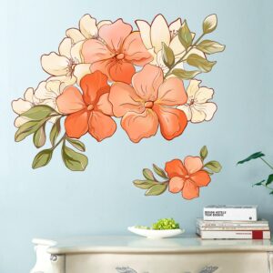 RW-6014 Romantic Orange Flowers Wall Decals Yellow Peony Rose Wall Stickers DIY Removable 3D Green Leaf Floral Blossom Plant Wall Art Decor for Kids Girls Bedroom Living Room Nursery Decoration