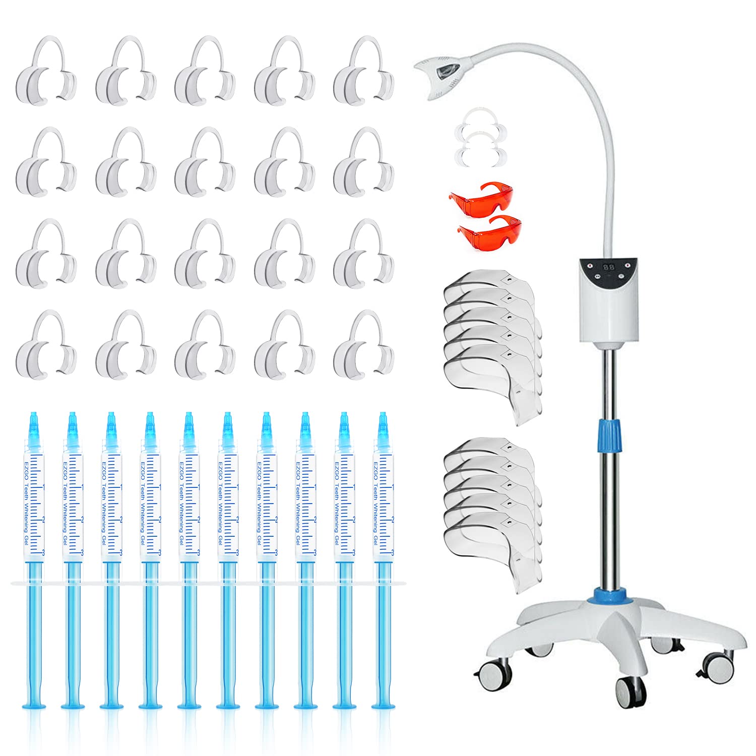 EZGO Dental Mobile Teeth Whitening Lamp Cold Bleaching Teeth Whitening Blue Light Machine LED Teeth Whitener Accelerator Light,Teeth Whitening Gel Refill Pack, 20 Pieces C-Shape Cheek Retractor