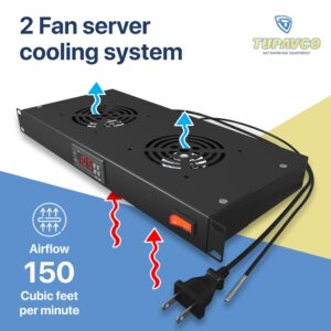 Rack Mount Fan - 2 Fan Server Cooling System - 1U 19" Rackmount Cabinet Panel Adjustable Temperature Control (Digital Heat Monitor Display) Sensor Alarm (Overheat Air Flow Top Exhaust) Tupavco TP1721