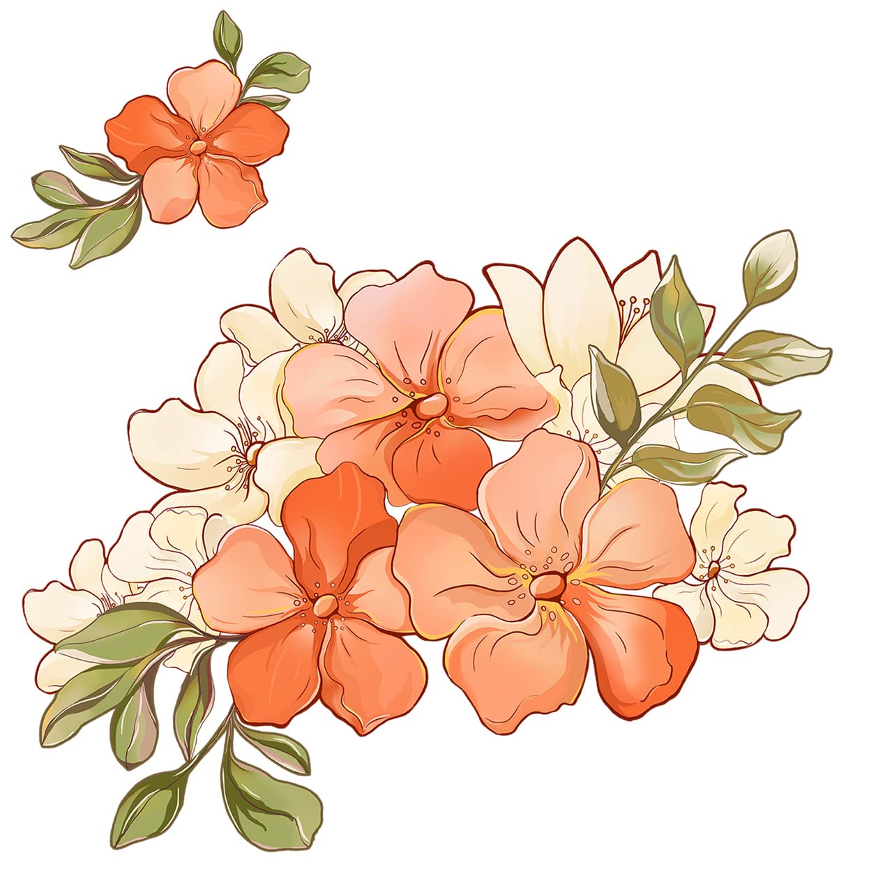 RW-6014 Romantic Orange Flowers Wall Decals Yellow Peony Rose Wall Stickers DIY Removable 3D Green Leaf Floral Blossom Plant Wall Art Decor for Kids Girls Bedroom Living Room Nursery Decoration