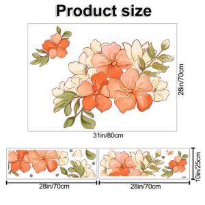 RW-6014 Romantic Orange Flowers Wall Decals Yellow Peony Rose Wall Stickers DIY Removable 3D Green Leaf Floral Blossom Plant Wall Art Decor for Kids Girls Bedroom Living Room Nursery Decoration