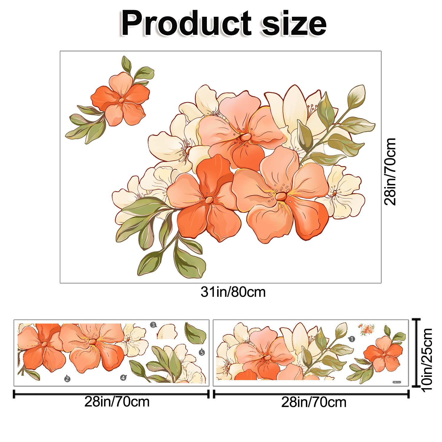 RW-6014 Romantic Orange Flowers Wall Decals Yellow Peony Rose Wall Stickers DIY Removable 3D Green Leaf Floral Blossom Plant Wall Art Decor for Kids Girls Bedroom Living Room Nursery Decoration