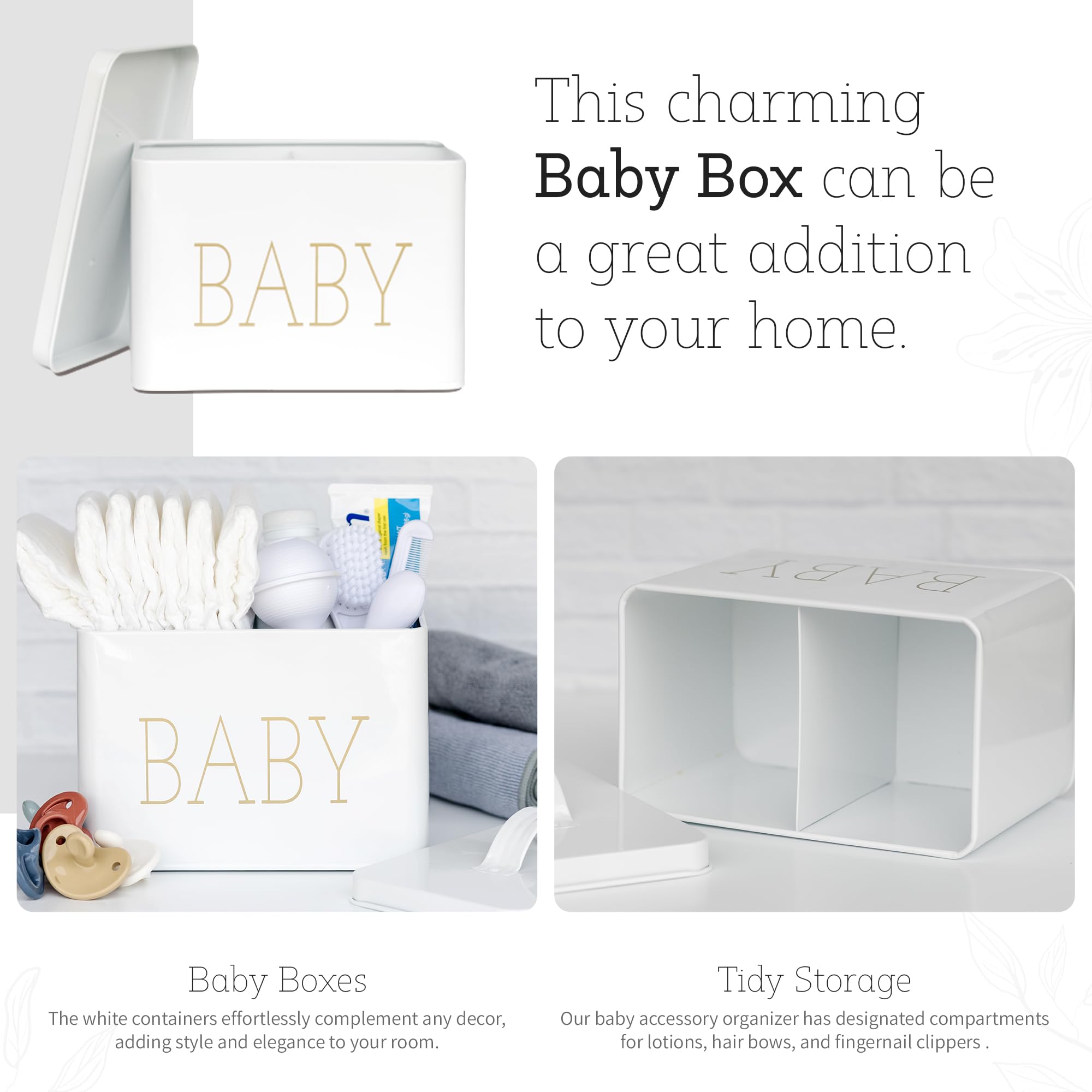 Lola Creates Baby Storage Organizer - Diaper Caddy for Lotions, Hair Essentials - White Baby Closet Organizer with Removable Lid - Metal Nursery Organization Box - Cute Baby Room Organizer for New Mom