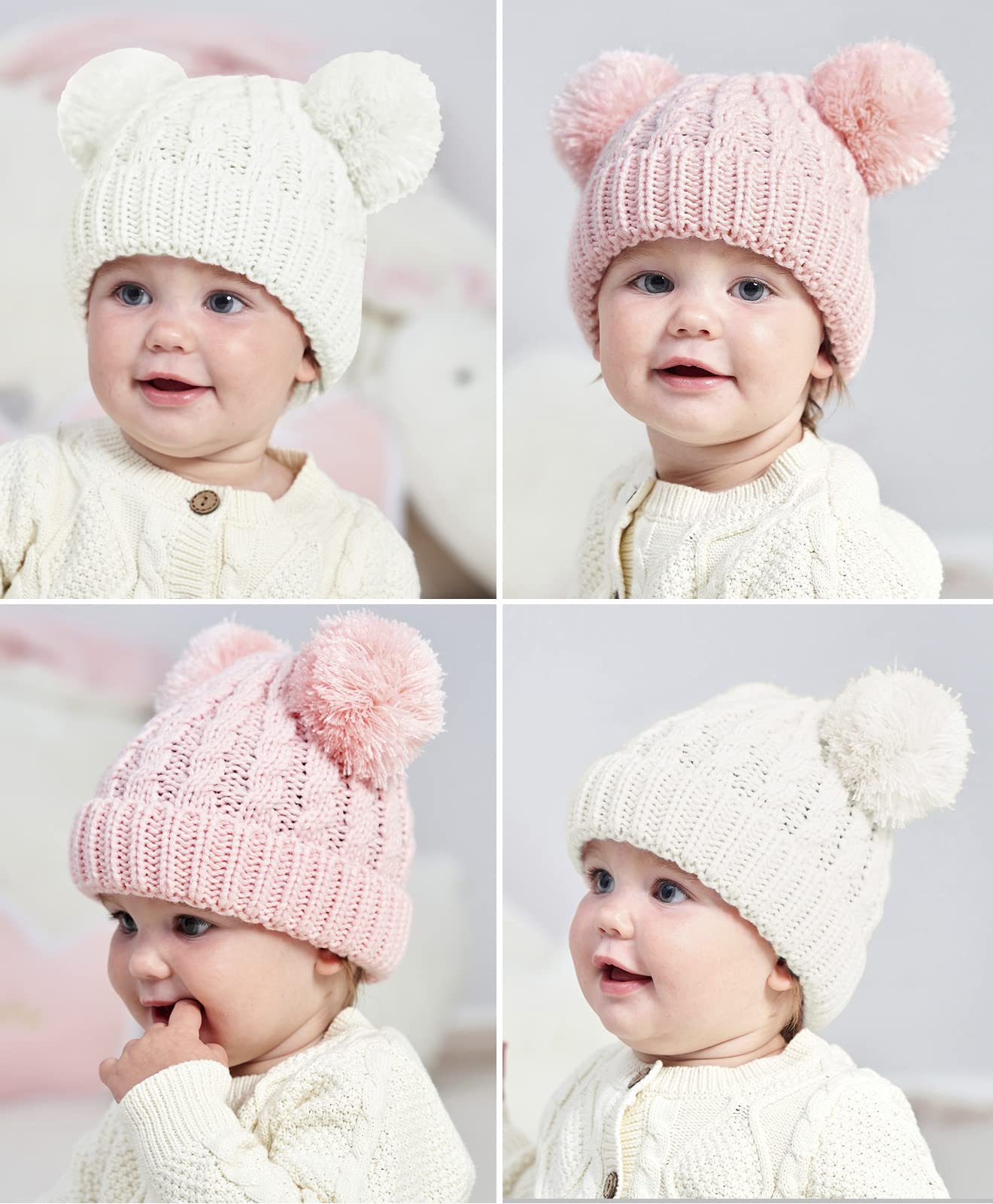 MOK Baby Beanie for Girls Cable Knit Winter Hat with Double Pom Pom Skull Hats