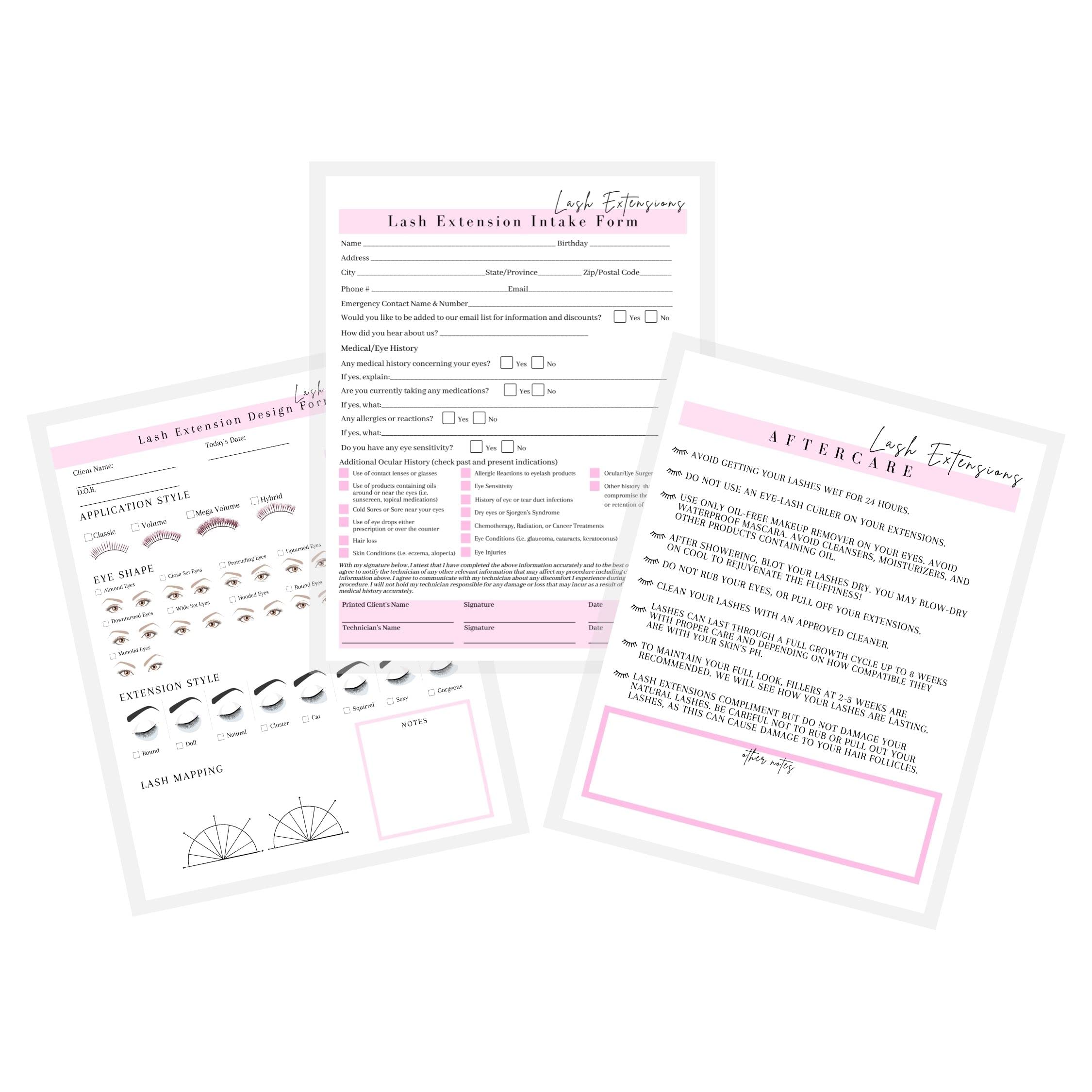 Lash Extension Eyelash Consent, Intake, Aftercare forms with Mapping length curl application style | 75 Pack | 25 of each Consent, Intake, Aftercare, and Design Forms for Lash Artists | 8.5 x 11 inch