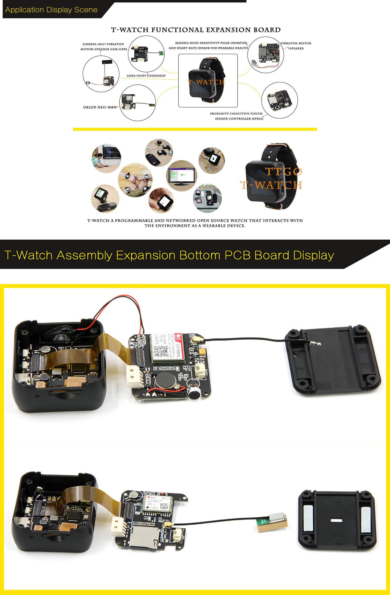 WayPonDEV T-Watch Programmable Wearable for Enviromental Interation ESP32 Development Kit, Support Heart Rate and Blood Oxygen Detection