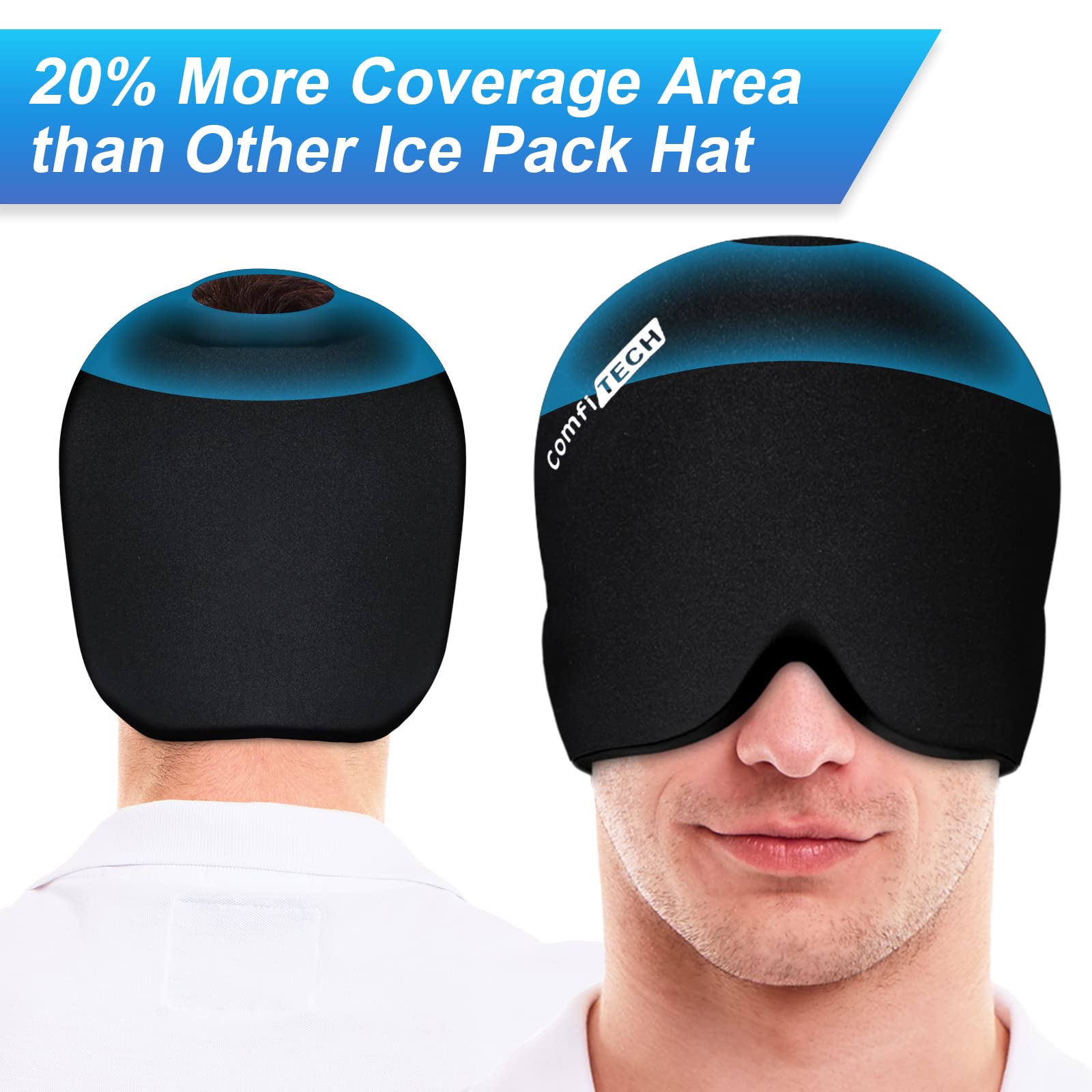 ComfiTECH Large Head Ice Pack Wrap Cold Cap Cooling Gel Hat Cold Compress for Head, Large, Black, 2 Packs