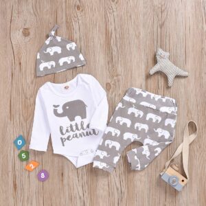 Aruzig Newborn Baby Boys Elephant Clothes Set Long Sleeve Romper Bodysuit Pants Hat 3Pcs Outfit (Long Sleeve Elephant, 0-3 Months)