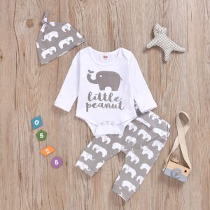 Aruzig Newborn Baby Boys Elephant Clothes Set Long Sleeve Romper Bodysuit Pants Hat 3Pcs Outfit (Long Sleeve Elephant, 0-3 Months)