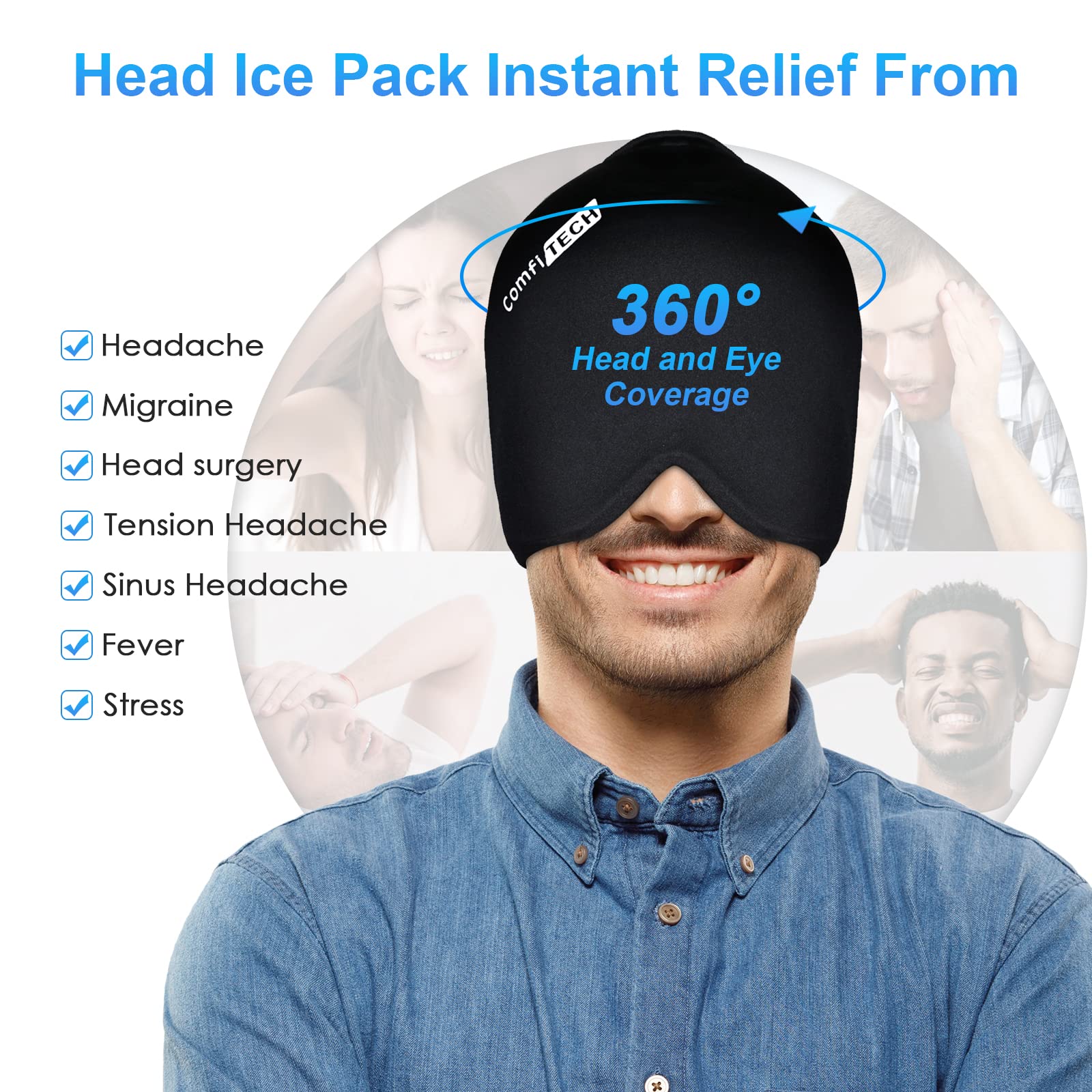 ComfiTECH Large Head Ice Pack Wrap Cold Cap Cooling Gel Hat Cold Compress for Head, Large, Black, 2 Packs