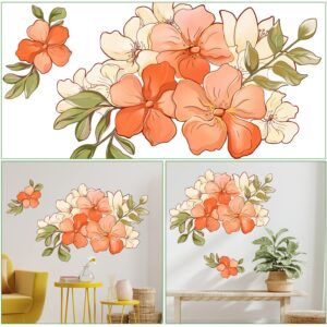 RW-6014 Romantic Orange Flowers Wall Decals Yellow Peony Rose Wall Stickers DIY Removable 3D Green Leaf Floral Blossom Plant Wall Art Decor for Kids Girls Bedroom Living Room Nursery Decoration