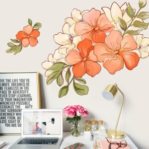 RW-6014 Romantic Orange Flowers Wall Decals Yellow Peony Rose Wall Stickers DIY Removable 3D Green Leaf Floral Blossom Plant Wall Art Decor for Kids Girls Bedroom Living Room Nursery Decoration