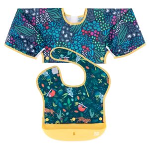 bumkins silicone bibs for girl or boy, baby and toddler 6-24 mos, essential must have for eating, feeding, combination fabric superbib and long sleeve with attachable pocket food catcher, jungle