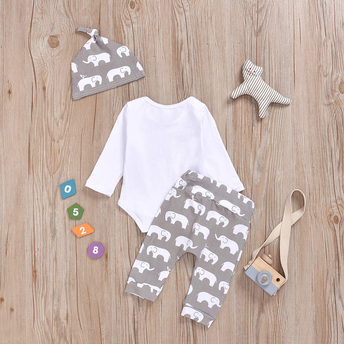 Aruzig Newborn Baby Boys Elephant Clothes Set Long Sleeve Romper Bodysuit Pants Hat 3Pcs Outfit (Long Sleeve Elephant, 0-3 Months)