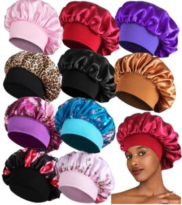 10pcs satin bonnets for women sleeping, large braids bonnet wide band hair bonnets