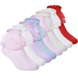 Haysandy 8 Pairs Toddler Girls Dress Socks Baby Ruffle Socks Cute Frilly Lace Socks Cotton Teen Girl Socks (Multicolor,Medium)