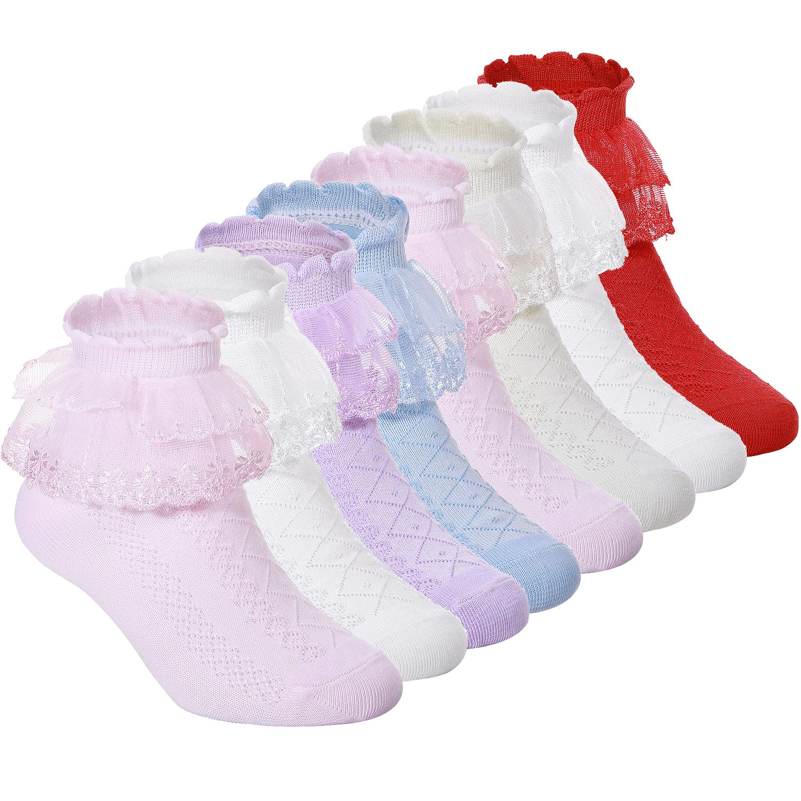 Haysandy 8 Pairs Toddler Girls Dress Socks Baby Ruffle Socks Cute Frilly Lace Socks Cotton Teen Girl Socks (Multicolor,Medium)