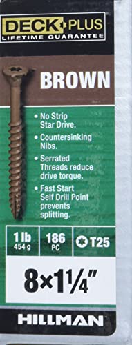 Deck Plus Wood Screws, Brown Exterior Screws, 1-1/4" x #8, 1lb