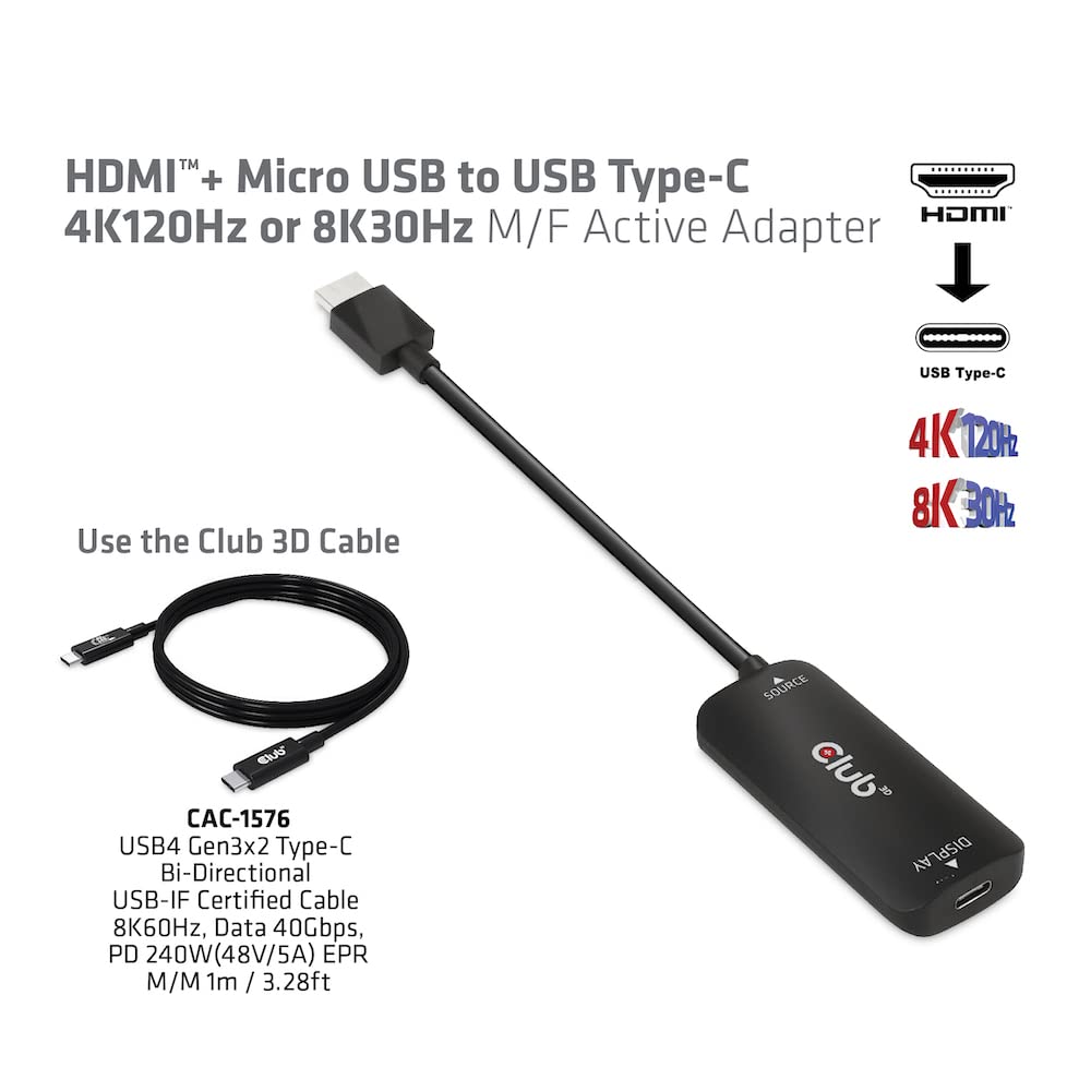 CLUB3D CAC-1336 HDMI™+ Micro USB to USB Type-C 4K120Hz or 8K30Hz M/F Active Adapter