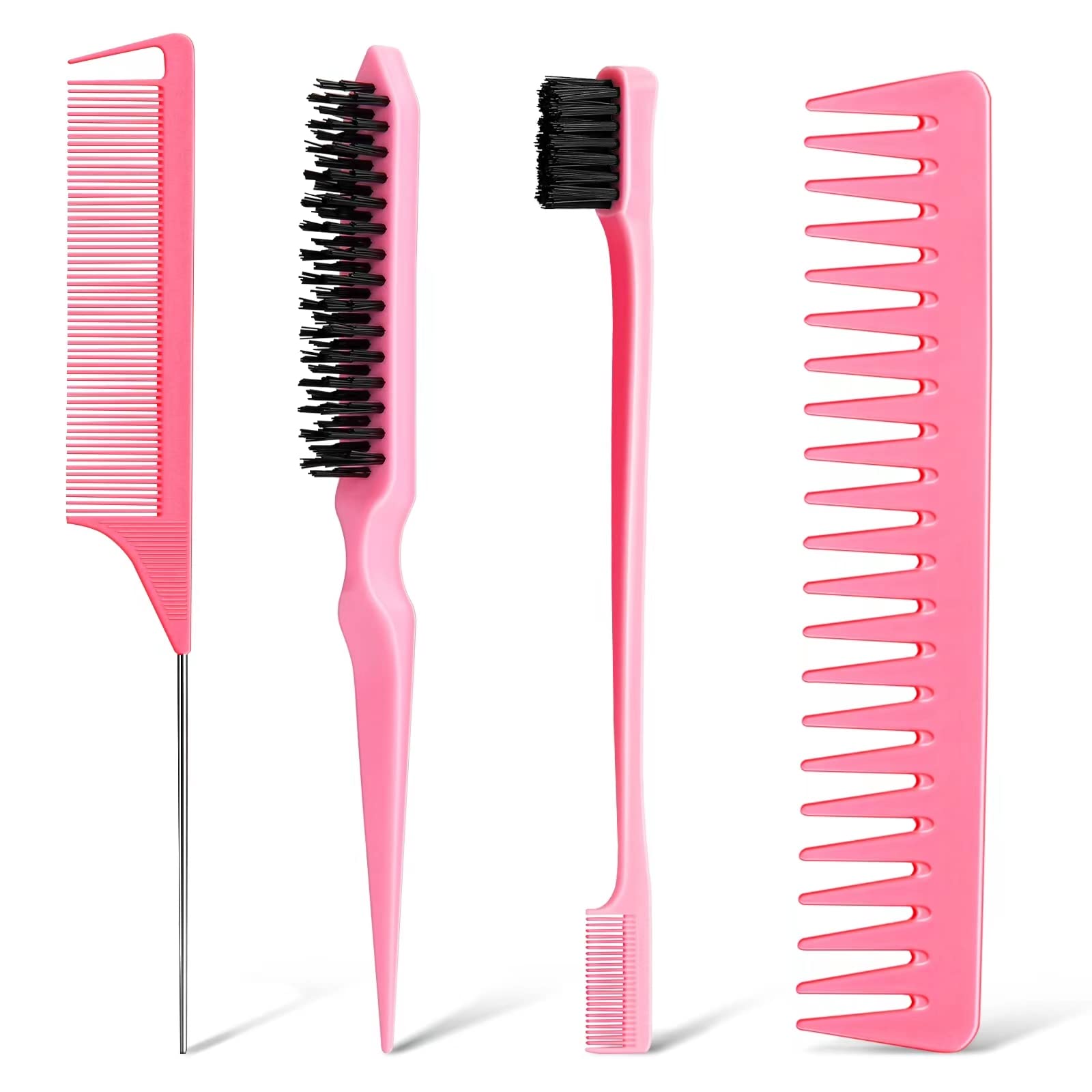 Anmieciu Hair Comb Set, 4Pcs Bristle Hair Edge Brush, Teasing Brush Comb, Rat Tail Comb and Wide Tooth Comb for Women Girls Men Combing, Smoothing and Styling Hair (Pink)