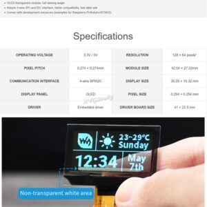 1.51inch 128×64 Transparent OLED Light Blue Color Display Module SPI/I2C Interfaces for Raspberry Pi 4 3 / STM32 etc @XYGStudy