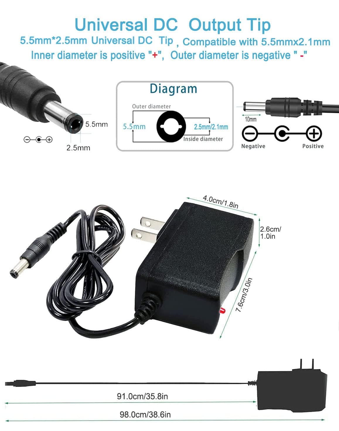 5 Volt 2A DC Power Supply Cord Adapter 100V-240V AC to DC 5V 2000mA 1.5A 1A 0.5A Power Adapter Supply 10W AC Adapter 8 Tips for Monitor, USB Hubs, Keyboard, LED, Weight Scale, CCTV Security System