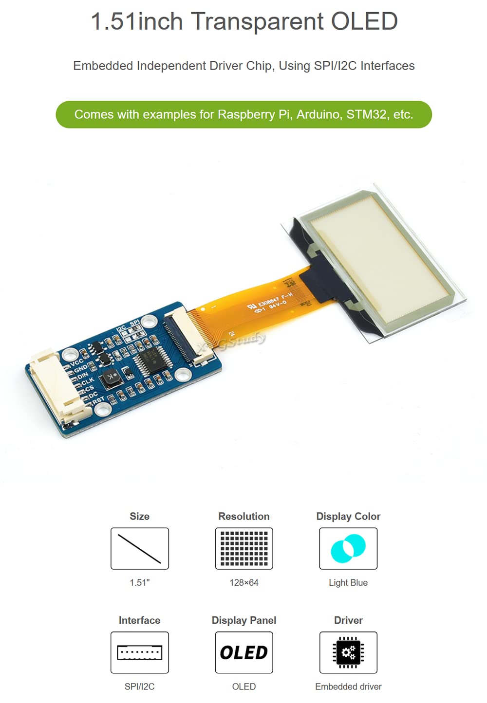 1.51inch 128×64 Transparent OLED Light Blue Color Display Module SPI/I2C Interfaces for Raspberry Pi 4 3 / STM32 etc @XYGStudy