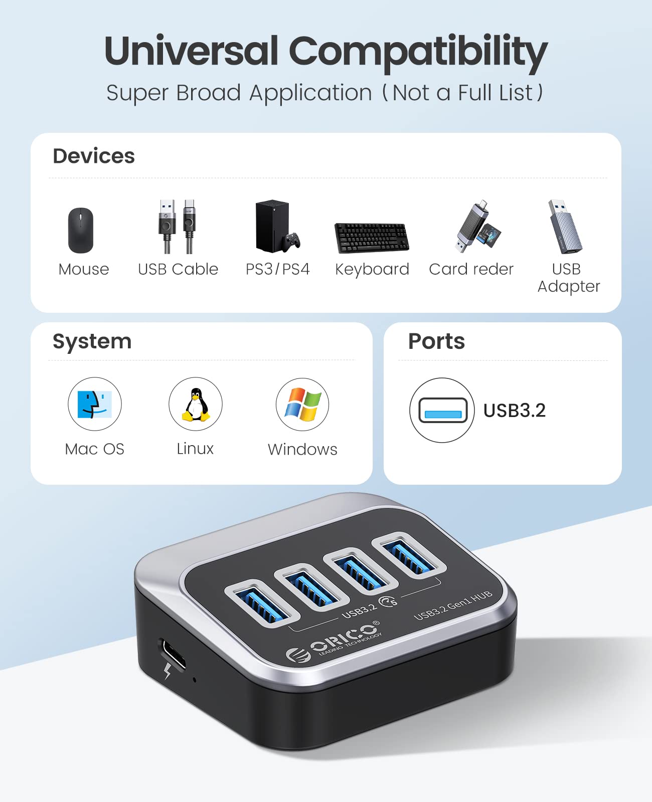 ORICO USB 3.0 Hub [5Gbps], 4 Port USB Hub with 1.64Ft USB-C Cable and USB-A Adapter, USB 3.2 Gen1 Splitter for iMac, All MacBooks, Mac Mini