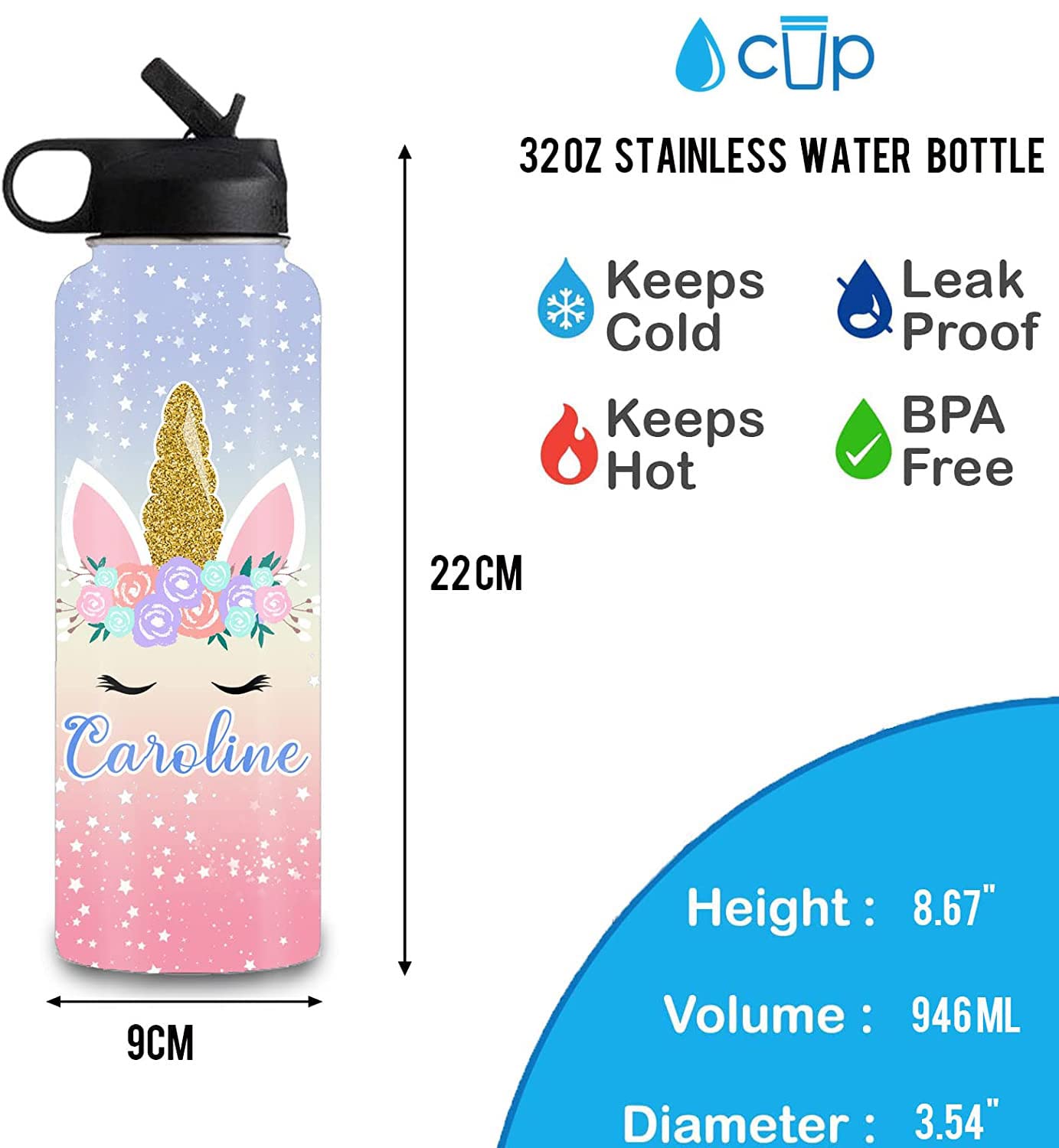 Personalized Water Bottle for Kids with Straw Lid,Custom Stainless Steel Sports Water Bottle with Name or Text-Double Wall Vacuum Insulated Gift Cup for Kids Women Men