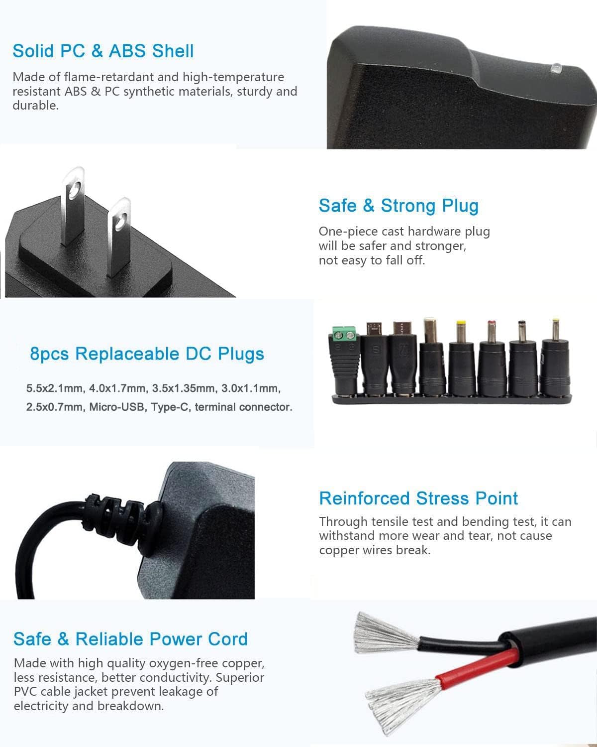 5 Volt 2A DC Power Supply Cord Adapter 100V-240V AC to DC 5V 2000mA 1.5A 1A 0.5A Power Adapter Supply 10W AC Adapter 8 Tips for Monitor, USB Hubs, Keyboard, LED, Weight Scale, CCTV Security System