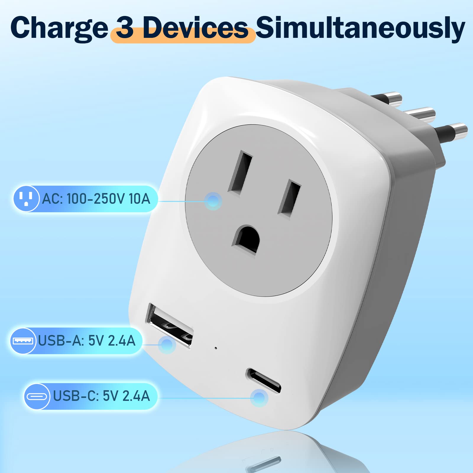 Italy Travel Plug Adapter (NOT for UK), USA to Italy Chile International Electrical Adaptor USB C Wall Charger for iPhone iPad Laptop (NOT for Hairdryer), US to Europe Power Outlet Converter