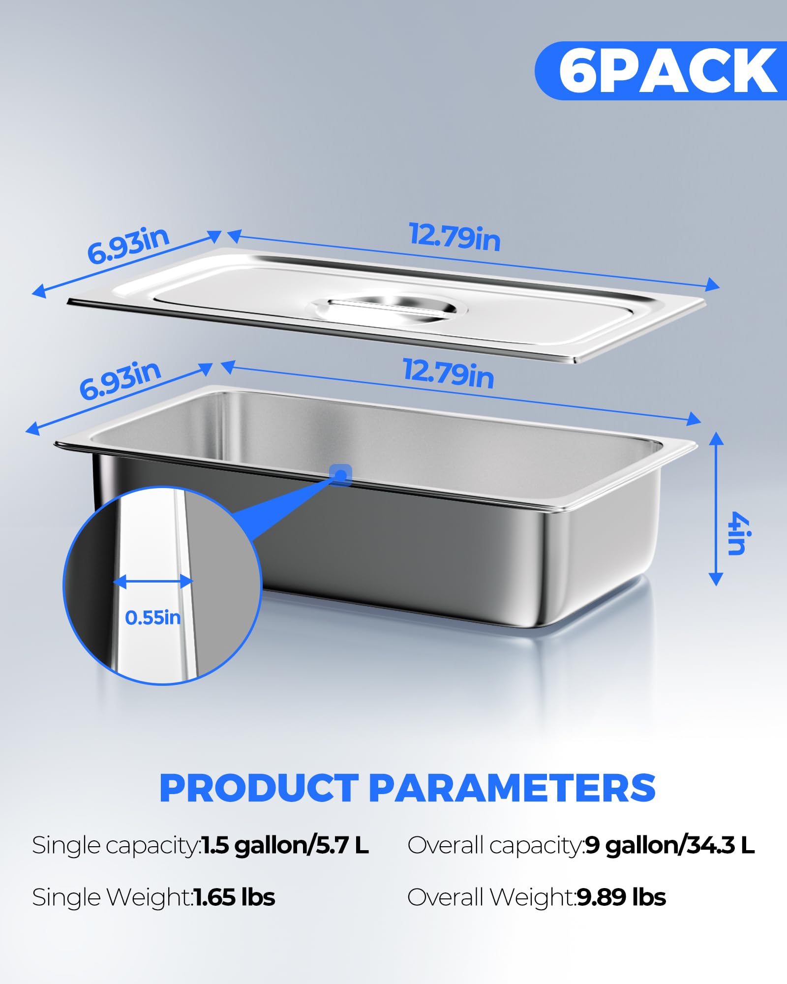 WantJoin 1/3 Size Steam Table Pans with Lid, 6 Pack 4 Inch Deep Restaurant Steam Table Pans Commercial, Hotel Pan Made of 201 Gauge Stainless Steel