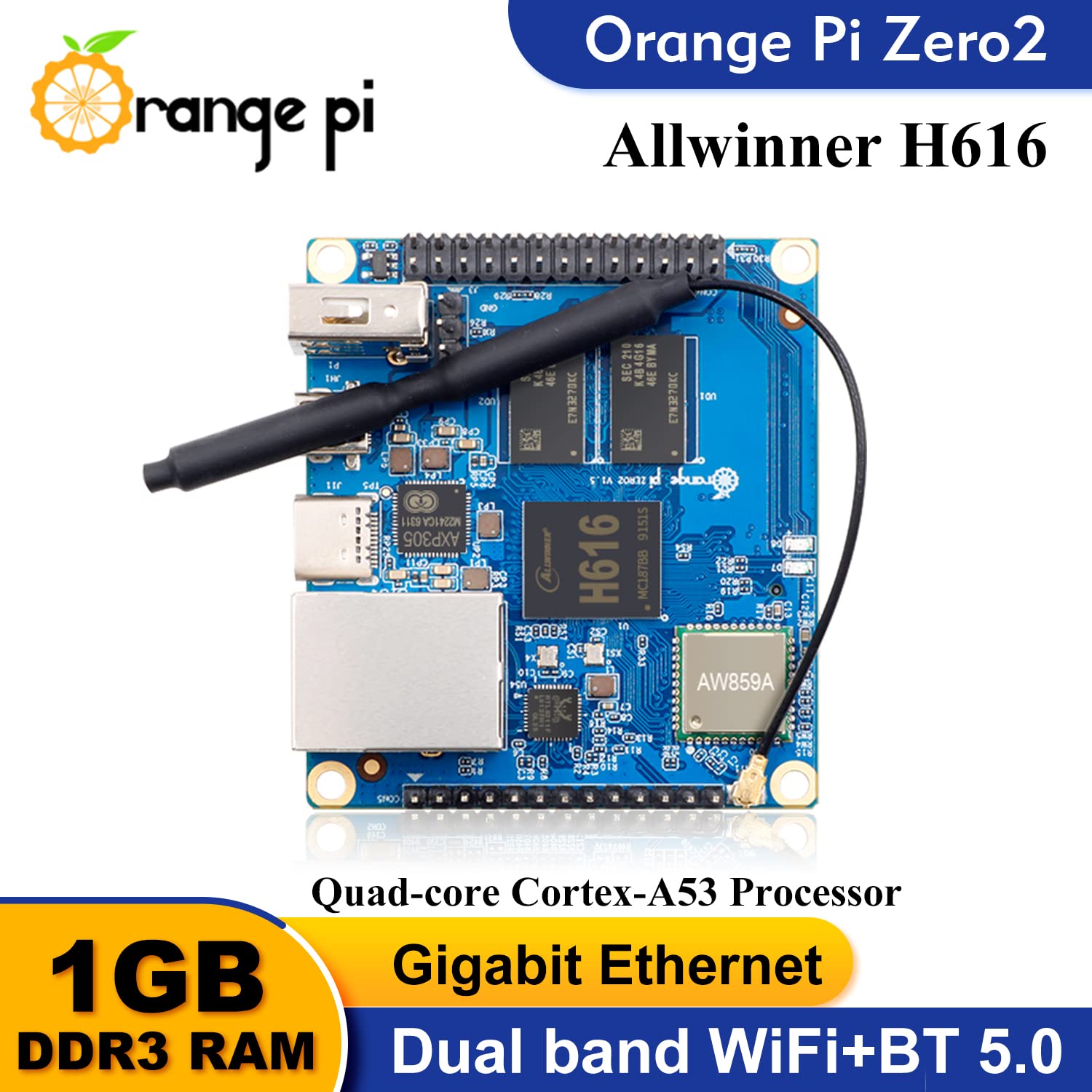 Orange Pi Zero 2 1GB DDR3 Allwinner H616 Quad Core 64 Bit with 2MB SPI Flash, Support WiFi and BT5.0,Gigabit Ethernet, Open Source Single Board Computer Run Android,Ubuntu,Debian(Zero2)