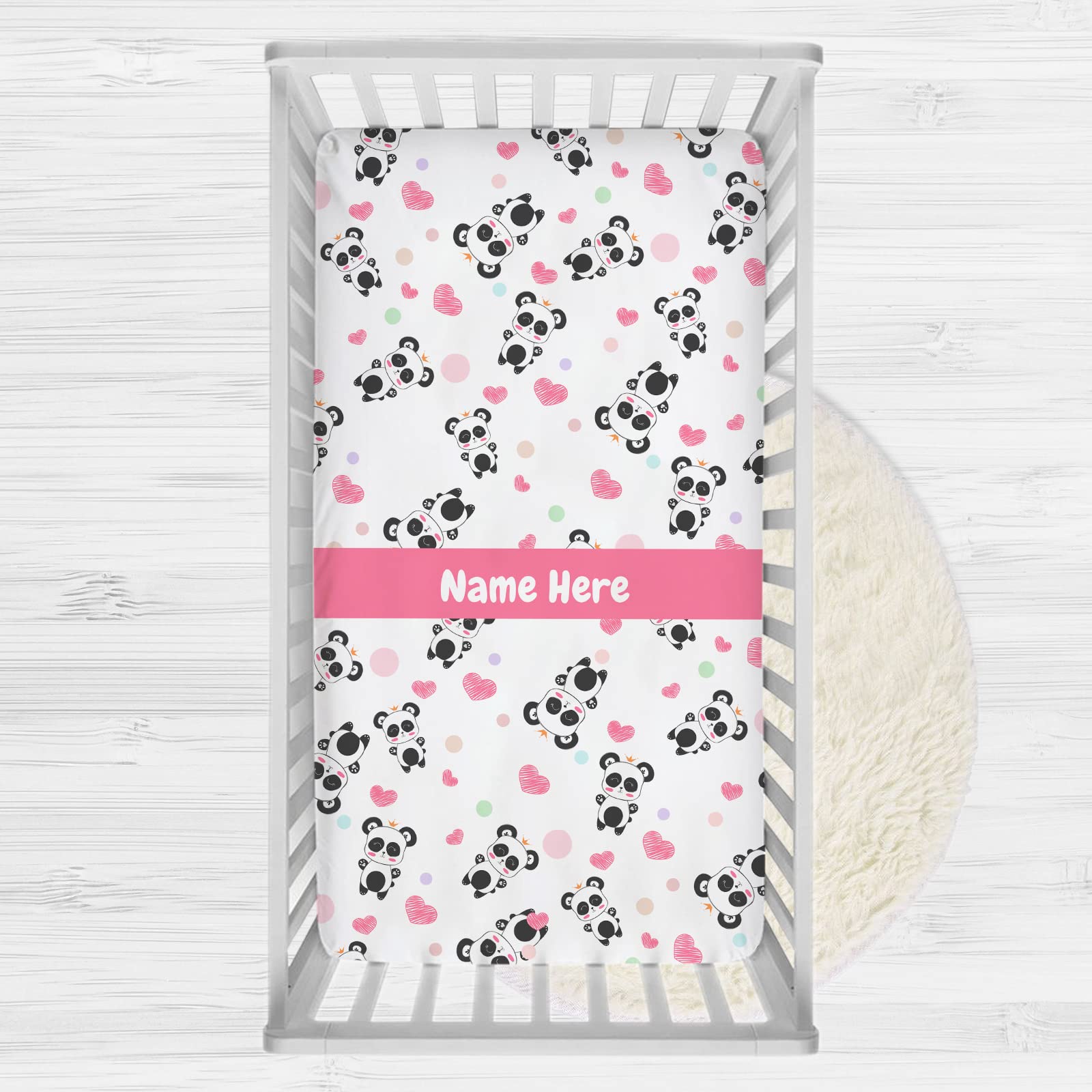 Personalized Cute Panda Pink Baby Crib Sheets with Name, Customized Pack and Play Sheets for Baby Girls, Crib Mattress Sheets, Fitted Crib Bedding Sheets, Mini Crib Sheet | Name Crib Sheets