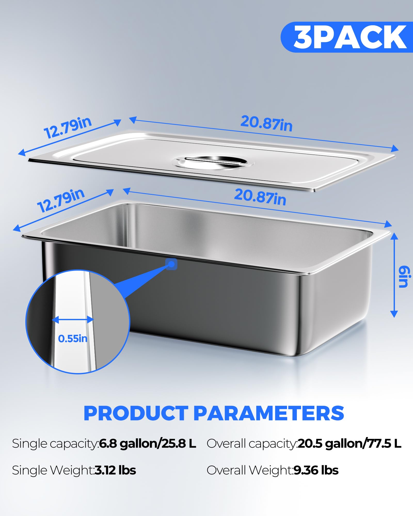 WantJoin Full Size Steam Table Pans with Lid, 3 Pack 6 Inch Deep Restaurant Steam Table Pans Commercial Cookwares, Hotel Pan Made of Stainless Steel