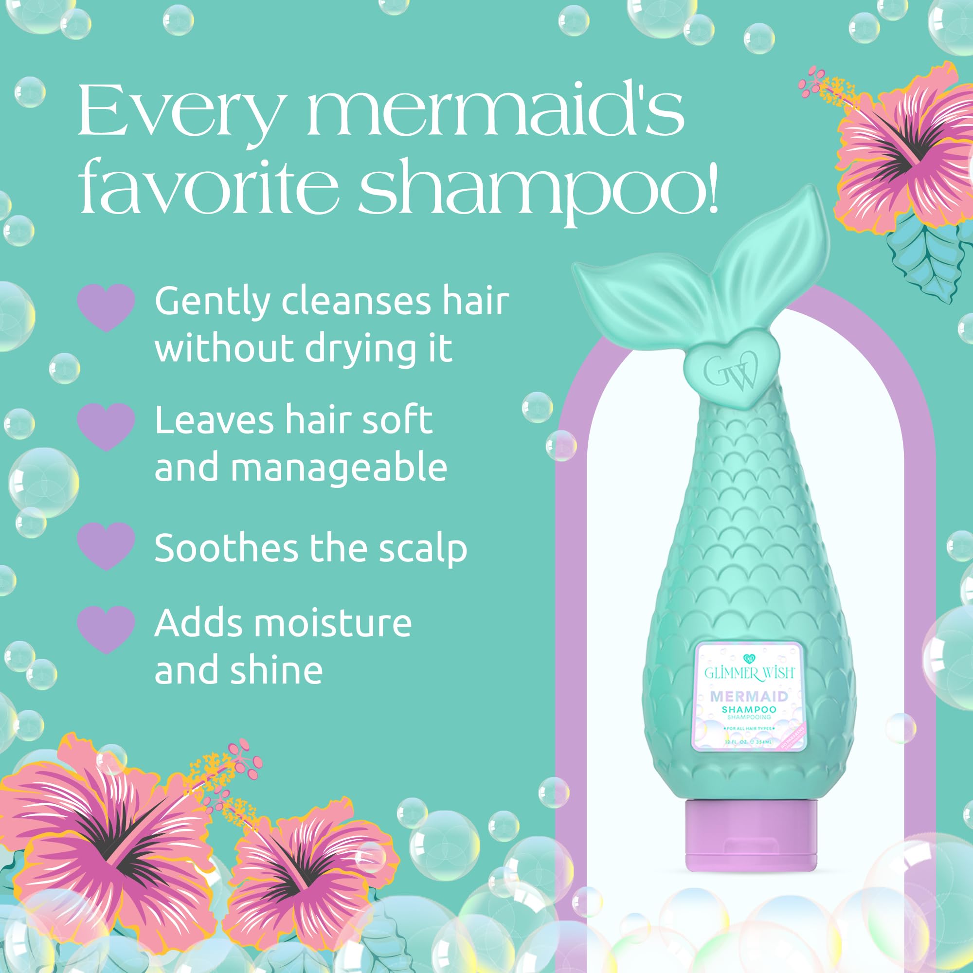 Glimmer Wish Mermaid Kids Shampoo, Paraben and Sulfate Free Shampoo for Soft and Manageable Hair, Kids Hair Care, Tropical Beach Scent, 12 Fl Oz