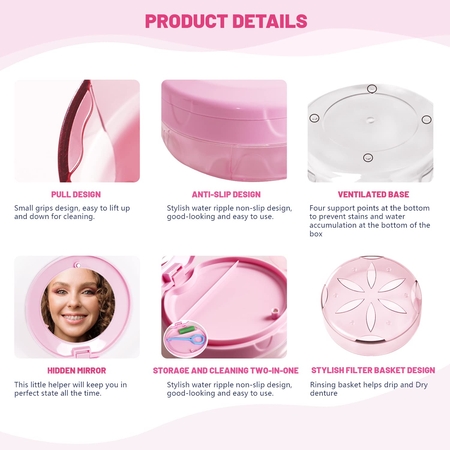 Uouovo Denture Bath Case, Definitely No-Leak, Complete Clean Care for Dentures, Clear Braces, Night Guard & Retainers, Retainer Case for Traveling, Denture Cup with Strainer & Mirror (Pink)