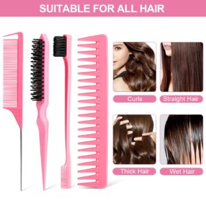 Anmieciu Hair Comb Set, 4Pcs Bristle Hair Edge Brush, Teasing Brush Comb, Rat Tail Comb and Wide Tooth Comb for Women Girls Men Combing, Smoothing and Styling Hair (Pink)