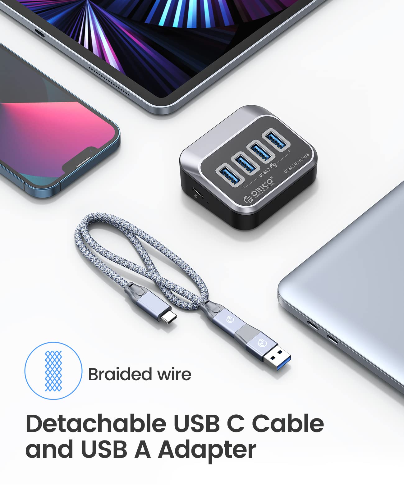 ORICO USB 3.0 Hub [5Gbps], 4 Port USB Hub with 1.64Ft USB-C Cable and USB-A Adapter, USB 3.2 Gen1 Splitter for iMac, All MacBooks, Mac Mini