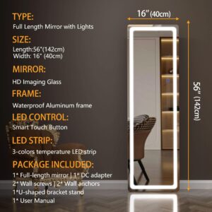 Hasipu Full Length Mirror with Lights, 56" x 16" LED Floor Mirror, Full Body Dressing Standing Mirror, Hanging Mounted Mirror for Living Room Bedroom Cloakroom, Round Black