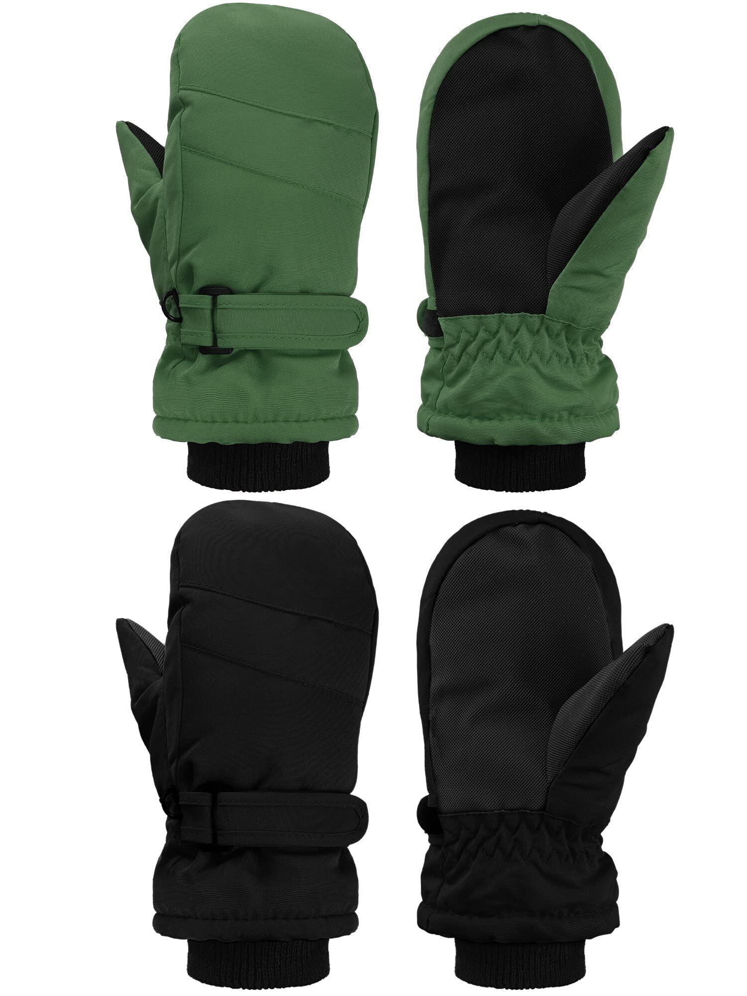 SATINIOR 2 Pairs Kids Snow Mittens Waterproof Winter Ski Gloves Warm Thicken Snow Gloves for Girls Boys (Black, Army Green, 3-5 Years)